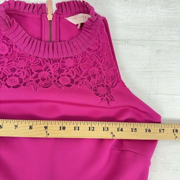 Ted Baker Zaffron Embroidered Skater Dress US Sz 6 Fuchsia Pink Ruffle Fit Flare - Picture 14 of 16